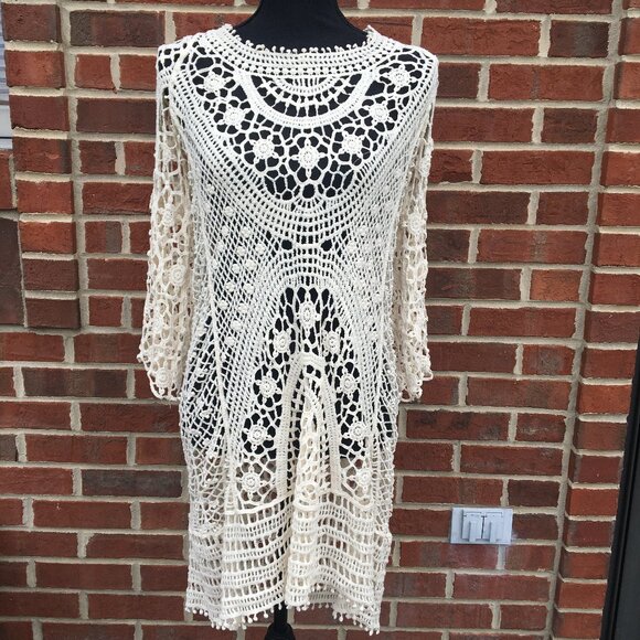 Crochet Coverup Dress M/L Ivory Boho Ibiza Euro Beach Festival - Picture 1 of 6